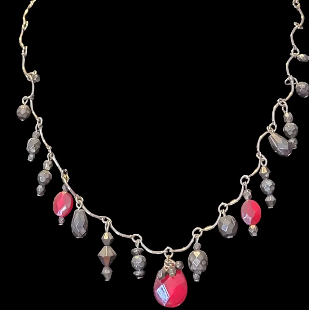 Gothic Vine & Bead Red & Gray Charm Choker Necklace